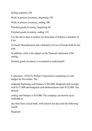 Selling expenses 250
Work in process inventory, beginning 150
Work in process inventory, ending 100
Finished goods inventory, beginning 80
Finished goods inventory, ending 110
Use the above data to prepare (in thousands of dollars) a schedule of
Cost
of Goods Manufactured and a Schedule of Cost of Goods Sold for the
year.
In addition, what is the impact on the financial statements if the
ending
finished goods inventory is overstated or understated?
4. Question : (TCO F) Walker Corporation is preparing its cash
budget for November. The
budgeted beginning cash balance is $43,000. Budgeted cash receipts
total $117,000 and budgeted cash disbursements total $122,000. The
desired
ending cash balance is $55,000. The company can borrow up to
$100,000 at
any time from a local bank, with interest not due until the following
month.
Required:
 
