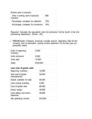 Ending work in process:
Units in ending work-in-process
inventory
800
Percentage complete for materials 70%
Percentage complete for conversion 30%
Required: Calculate the equivalent units for conversion for the month in the first
processing department. (Points : 25)
 TCO D)Topple Company produces a single product. Operating data for the
company and its absorption costing income statement for the last year are
presented below.
Units in beginning
inventory
2,000
Units produced 9,000
Units sold 10,000
Sales $100,000
Less cost of goods sold:
Beginning inventory 12,000
Add cost of goods
manufactured
54,000
Goods available for sale 66,000
Less ending inventory 6,000
Cost of goods sold 60,000
Gross margin 40,000
Less selling and admin.
expenses
28,000
Net operating income $12,000
 