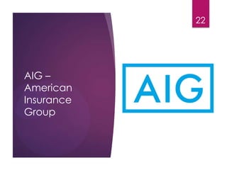 AIG –
American
Insurance
Group
22
 