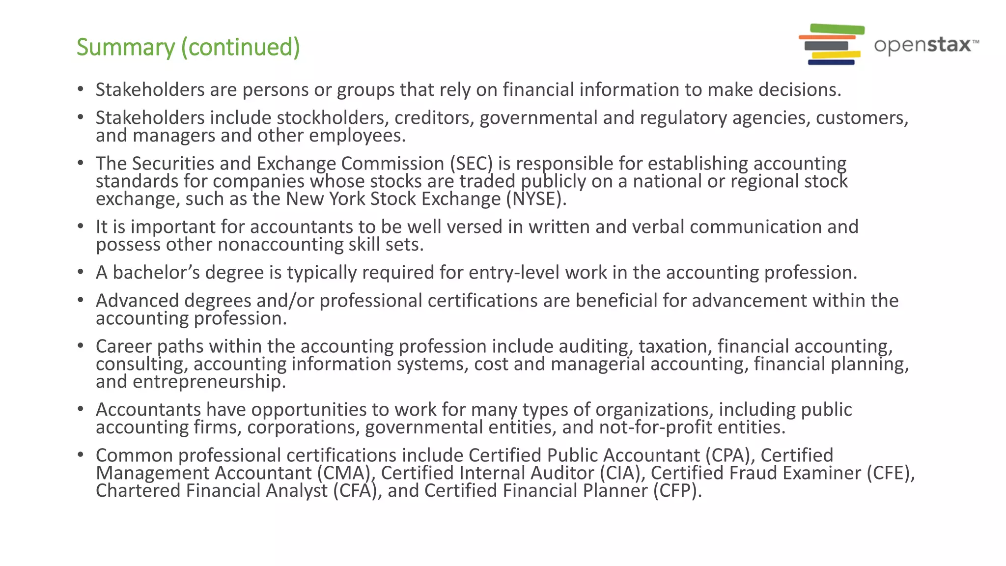 Summary (continued)
• Stakeholders are persons or groups that rely on financial information to make decisions.
• Stakeholders include stockholders, creditors, governmental and regulatory agencies, customers,
and managers and other employees.
• The Securities and Exchange Commission (SEC) is responsible for establishing accounting
standards for companies whose stocks are traded publicly on a national or regional stock
exchange, such as the New York Stock Exchange (NYSE).
• It is important for accountants to be well versed in written and verbal communication and
possess other nonaccounting skill sets.
• A bachelor’s degree is typically required for entry-level work in the accounting profession.
• Advanced degrees and/or professional certifications are beneficial for advancement within the
accounting profession.
• Career paths within the accounting profession include auditing, taxation, financial accounting,
consulting, accounting information systems, cost and managerial accounting, financial planning,
and entrepreneurship.
• Accountants have opportunities to work for many types of organizations, including public
accounting firms, corporations, governmental entities, and not-for-profit entities.
• Common professional certifications include Certified Public Accountant (CPA), Certified
Management Accountant (CMA), Certified Internal Auditor (CIA), Certified Fraud Examiner (CFE),
Chartered Financial Analyst (CFA), and Certified Financial Planner (CFP).
 