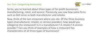 Your Turn: Categorizing Restaurants
So far, you’ve learned about three types of for-profit businesses:
manufacturing, retail, and service. Previously, you saw how some firms
such as Dell serve as both manufacturer and retailer.
Now, think of the last restaurant where you ate. Of the three business
types (manufacturer, retailer, or service provider), how would you
categorize the restaurant? Is it a manufacturer? A retailer? A service
provider? Can you think of examples of how a restaurant has
characteristics of all three types of businesses?
 