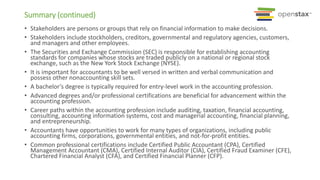 Summary (continued)
• Stakeholders are persons or groups that rely on financial information to make decisions.
• Stakeholders include stockholders, creditors, governmental and regulatory agencies, customers,
and managers and other employees.
• The Securities and Exchange Commission (SEC) is responsible for establishing accounting
standards for companies whose stocks are traded publicly on a national or regional stock
exchange, such as the New York Stock Exchange (NYSE).
• It is important for accountants to be well versed in written and verbal communication and
possess other nonaccounting skill sets.
• A bachelor’s degree is typically required for entry-level work in the accounting profession.
• Advanced degrees and/or professional certifications are beneficial for advancement within the
accounting profession.
• Career paths within the accounting profession include auditing, taxation, financial accounting,
consulting, accounting information systems, cost and managerial accounting, financial planning,
and entrepreneurship.
• Accountants have opportunities to work for many types of organizations, including public
accounting firms, corporations, governmental entities, and not-for-profit entities.
• Common professional certifications include Certified Public Accountant (CPA), Certified
Management Accountant (CMA), Certified Internal Auditor (CIA), Certified Fraud Examiner (CFE),
Chartered Financial Analyst (CFA), and Certified Financial Planner (CFP).
 