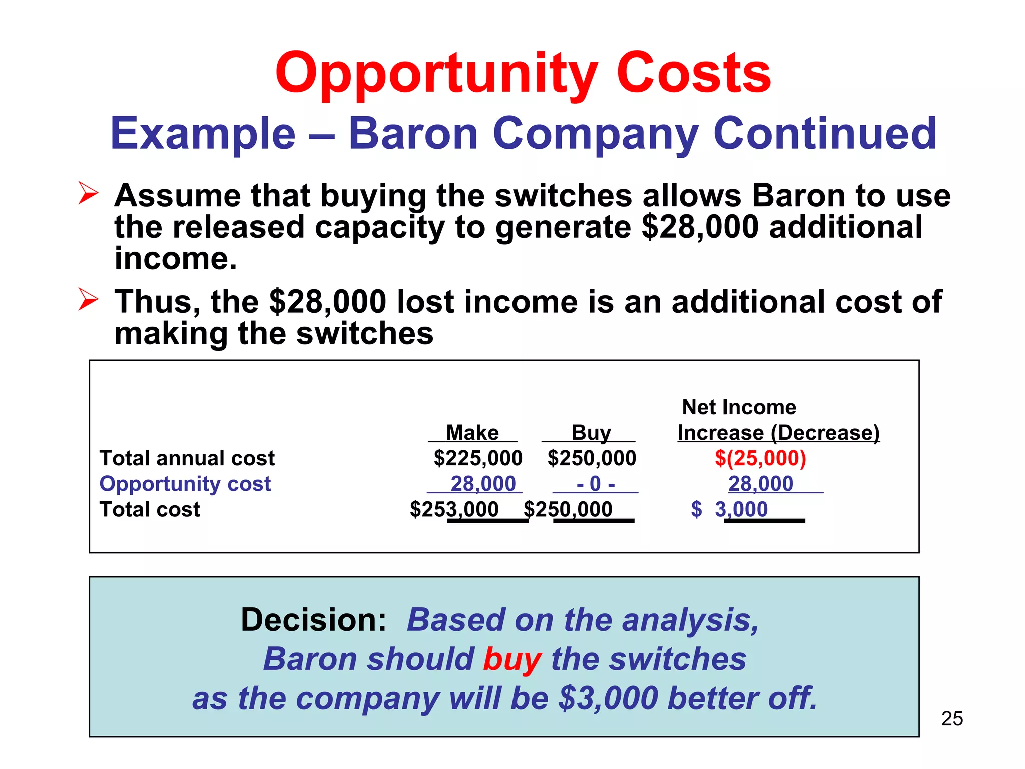 Opportunity Costs Example – Baron Company Continued Assume that buying the switches allows Baron to use the released capacity to generate $28,000 additional income. Thus, the $28,000 lost income is an additional cost of making the switches Net Income  Make  Buy  Increase (Decrease) Total annual cost $225,000   $250,000  $(25,000)   Opportunity cost  28,000  - 0 -    28,000  Total cost $253,000  $250,000  $  3,000   Decision:  Based on the analysis,  Baron should  buy  the switches as the company will be $3,000 better off. 