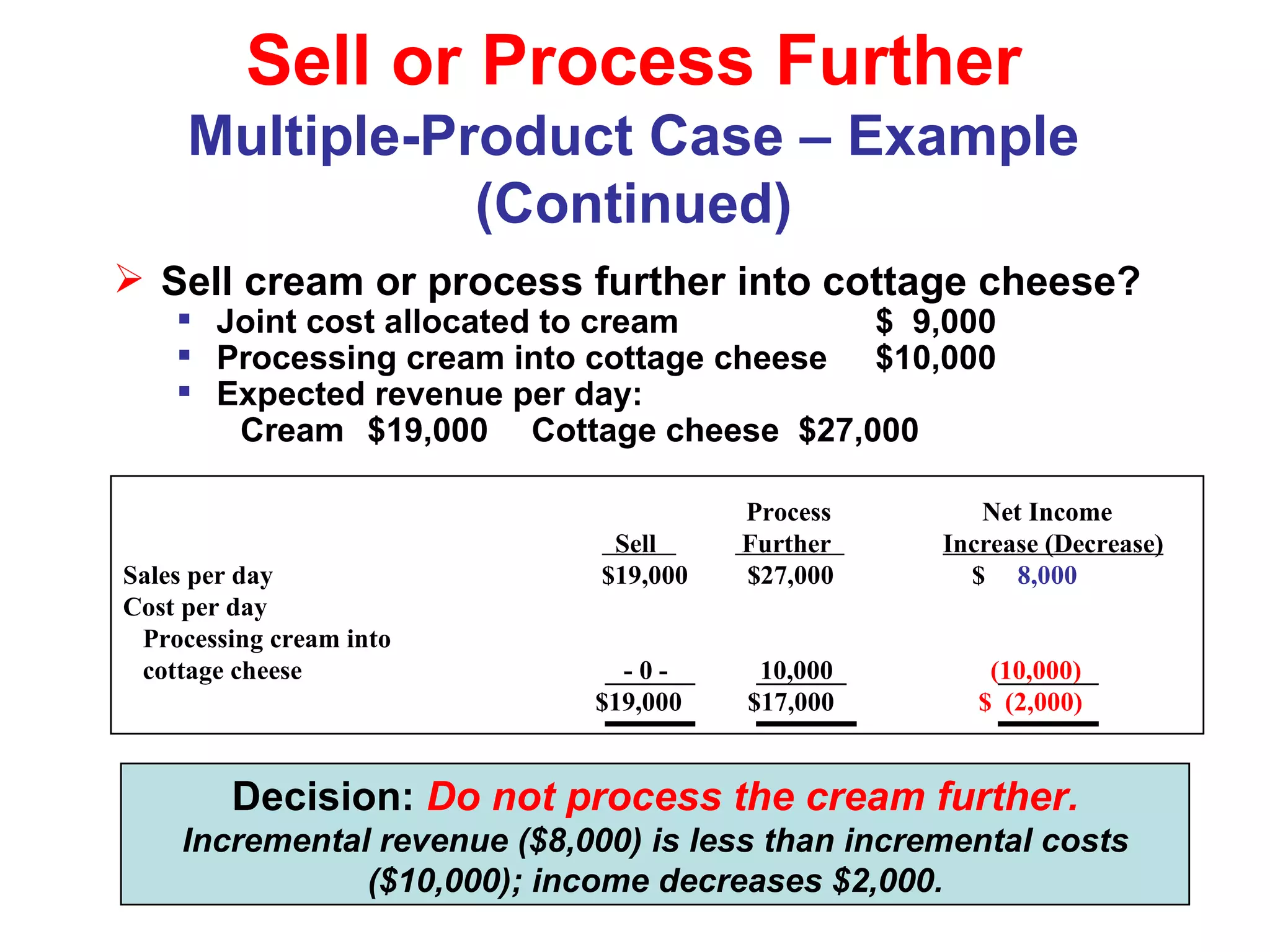 Sell or Process Further Multiple-Product Case – Example (Continued) Sell cream or process further into cottage cheese? Joint cost allocated to cream  $  9,000 Processing cream into cottage cheese $10,000 Expected revenue per day: Cream $19,000   Cottage cheese  $27,000 Decision:  Do not   process the cream further. Incremental revenue ($8,000) is less than incremental costs ($10,000); income decreases $2,000.   Process  Net Income    Sell  Further  Increase (Decrease) Sales per day  $19,000  $27,000  $   8,000   Cost per day Processing cream into   cottage cheese  - 0 -  10,000  (10,000) $19,000  $17,000  $  (2,000)   