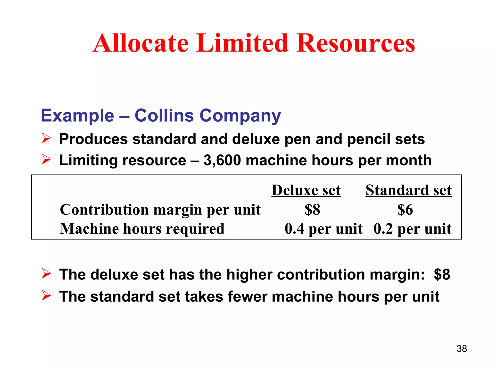 Allocate Limited Resources Example – Collins Company Produces standard and deluxe pen and pencil sets Limiting resource – 3,600 machine hours per month The deluxe set has the higher contribution margin:  $8 The standard set takes fewer machine hours per unit Deluxe set Standard set Contribution margin per unit  $8   $6 Machine hours required  0.4 per unit   0.2 per unit 