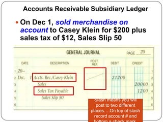Accounts Receivable Subsidiary Ledger

 On Dec 1, sold merchandise on
 account to Casey Klein for $200 plus
 sales tax of $12, Sales Slip 50




                        Slash means you will
                         post to two different
                      places….On top of slash
                        record account # and
 