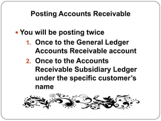 Posting Accounts Receivable

 You will be posting twice
   1. Once to the General Ledger
      Accounts Receivable account
   2. Once to the Accounts
      Receivable Subsidiary Ledger
      under the specific customer’s
      name
 