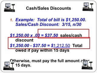 Cash/Sales Discounts

1. Example: Total of bill is $1,250.00.
  Sales/Cash Discount: 3/15, n/30

$1,250.00 x .03 = $37.50 sales/cash
   discount
$1,250.00 - $37.50 = $1,212.50 Total
   owed if pay within 15 days

Otherwise, must pay the full amount after
  15 days.
 