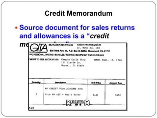 Credit Memorandum

 Source document for sales returns
 and allowances is a “credit
 memorandum”.
 