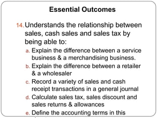 Essential Outcomes

14. Understands the relationship between
  sales, cash sales and sales tax by
  being able to:
   a. Explain the difference between a service
      business & a merchandising business.
   b. Explain the difference between a retailer
      & a wholesaler
   c. Record a variety of sales and cash
      receipt transactions in a general journal
   d. Calculate sales tax, sales discount and
      sales returns & allowances
   e. Define the accounting terms in this
 