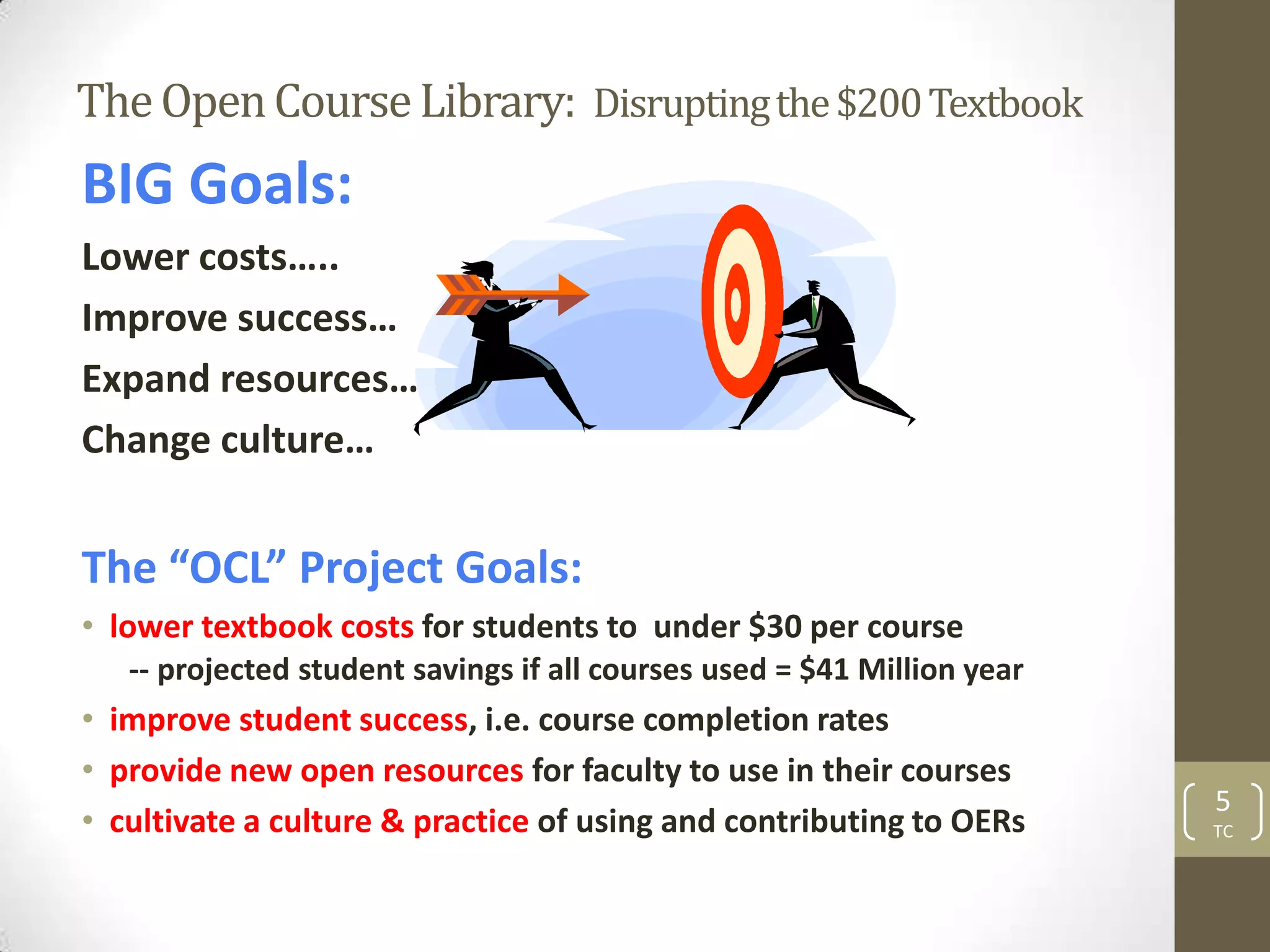 The Open Course Library: Disrupting the $200 Textbook
BIG Goals:
Lower costs…..
Improve success…
Expand resources…
Change culture…


The “OCL” Project Goals:
• lower textbook costs for students to under $30 per course
   -- projected student savings if all courses used = $41 Million year
• improve student success, i.e. course completion rates
• provide new open resources for faculty to use in their courses
                                                                         5
• cultivate a culture & practice of using and contributing to OERs       TC
 