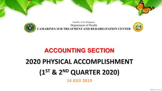 ACCOUNTING SECTION
2020 PHYSICAL ACCOMPLISHMENT
(1ST & 2ND QUARTER 2020)
14 JULY 2019
Republic of the Philippines
Department of Health
CAMARINES SUR TREATMENT AND REHABILITATION CENTER
 