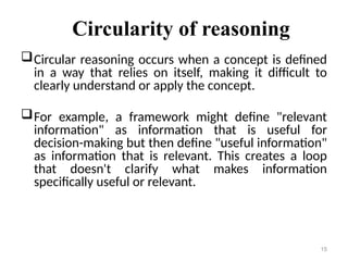 Circularity of reasoning
Circular reasoning occurs when a concept is defined
in a way that relies on itself, making it difficult to
clearly understand or apply the concept.
For example, a framework might define "relevant
information" as information that is useful for
decision-making but then define "useful information"
as information that is relevant. This creates a loop
that doesn't clarify what makes information
specifically useful or relevant.
15
 