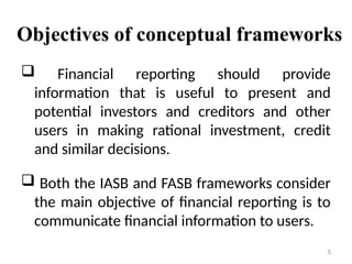 Objectives of conceptual frameworks
 Financial reporting should provide
information that is useful to present and
potential investors and creditors and other
users in making rational investment, credit
and similar decisions.
 Both the IASB and FASB frameworks consider
the main objective of financial reporting is to
communicate financial information to users.
5
 