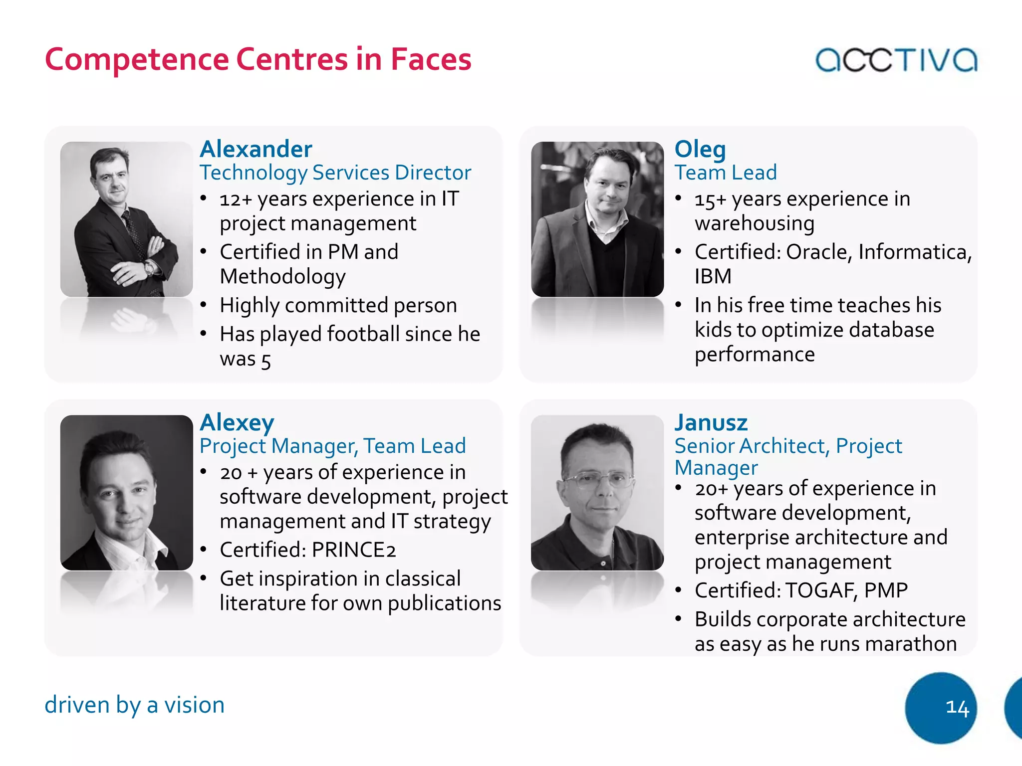 Alexander 
Technology Services Director 
Oleg 
Team Lead 
• 12+ years experience in IT 
project management 
• Certified in PM and 
Methodology 
• Highly committed person 
• Has played football since he 
was 5 
• 15+ years experience in 
warehousing 
• Certified: Oracle, Informatica, 
IBM 
• In his free time teaches his 
kids to optimize database 
performance 
Competence Centres in Faces 
Alexey 
Project Manager, Team Lead 
Janusz 
Senior Architect, Project 
• 20 + years of experience in Manager 
software development, project 
management and IT strategy 
• Certified: PRINCE2 
• Get inspiration in classical 
literature for own publications 
• 20+ years of experience in 
software development, 
enterprise architecture and 
project management 
• Certified: TOGAF, PMP 
• Builds corporate architecture 
as easy as he runs marathon 
driven by a vision 14 
 