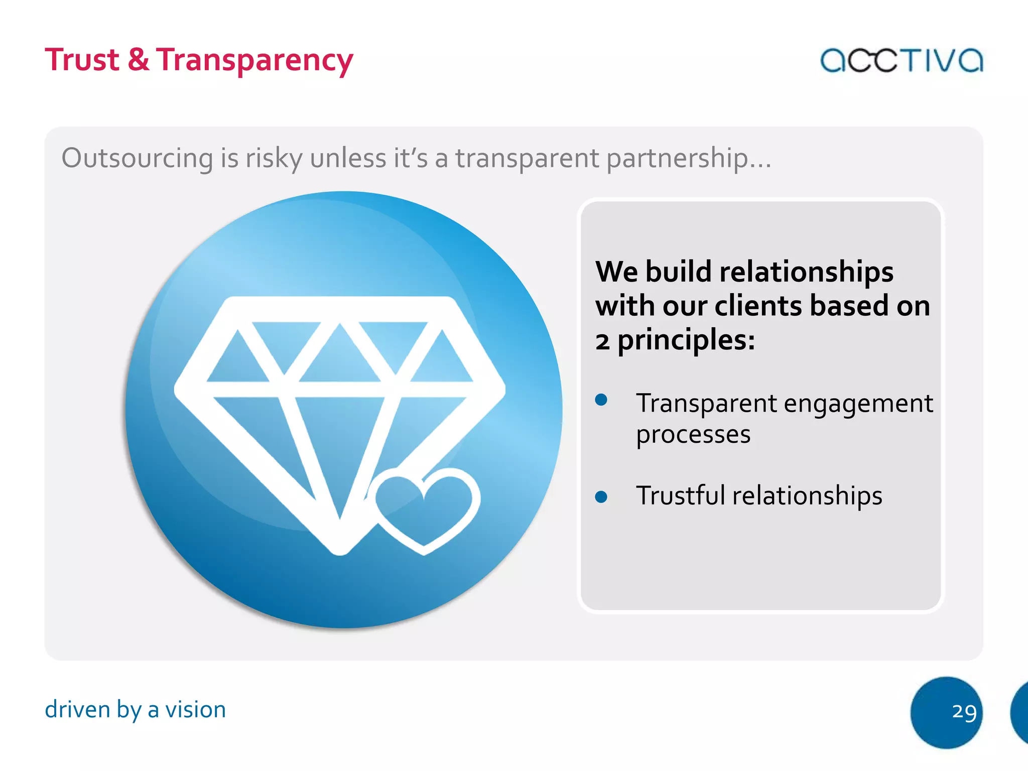 Trust & Transparency 
Outsourcing is risky unless it’s a transparent partnership… 
We build relationships 
with our clients based on 
2 principles: 
Transparent engagement 
processes 
Trustful relationships 
driven by a vision 29 
 