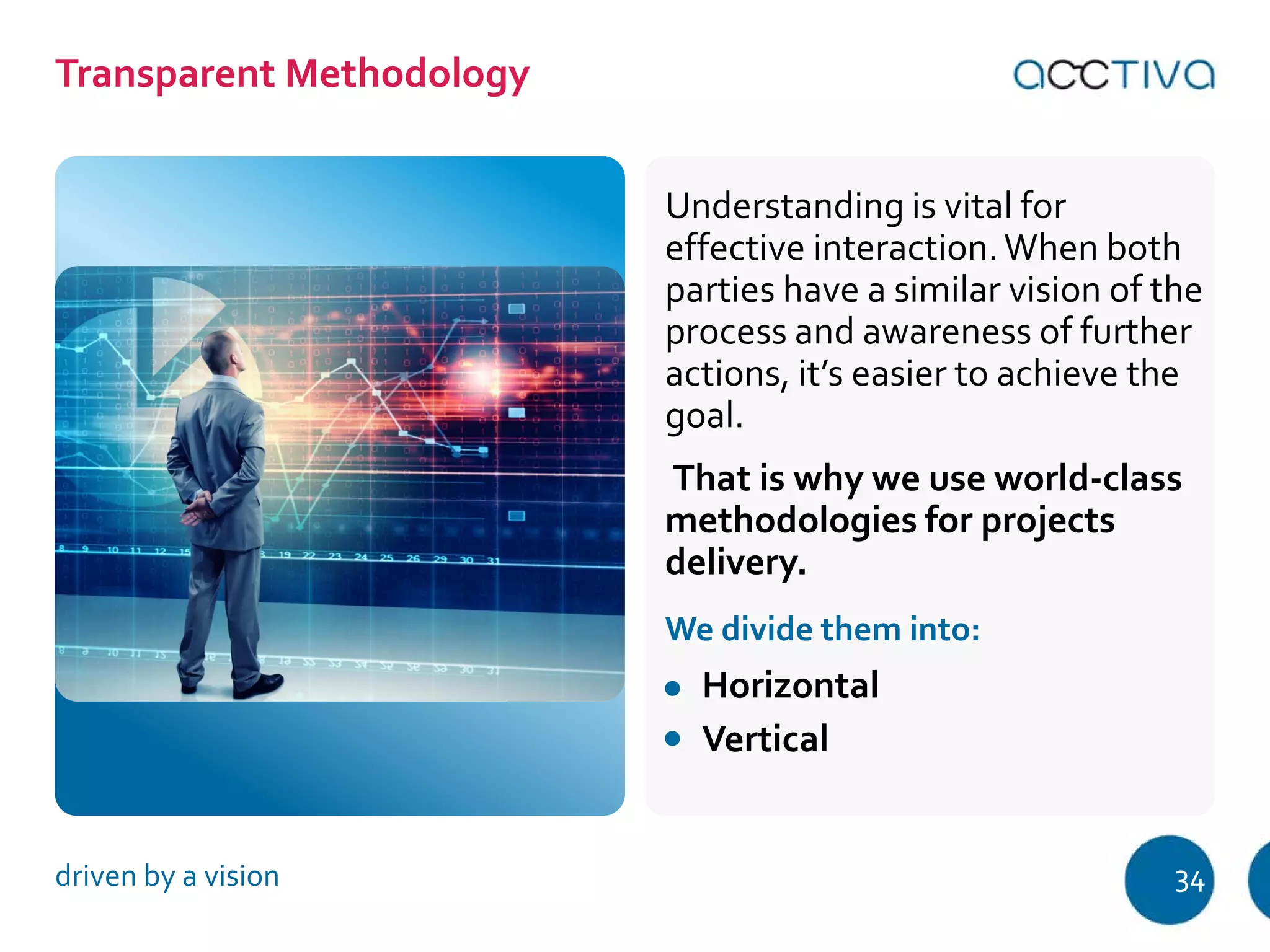 Understanding is vital for 
effective interaction. When both 
parties have a similar vision of the 
process and awareness of further 
actions, it’s easier to achieve the 
goal. 
That is why we use world-class 
methodologies for projects 
delivery. 
We divide them into: 
Horizontal 
Vertical 
Transparent Methodology 
driven by a vision 34 
 