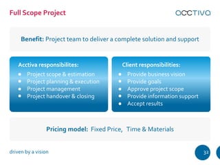 Full Scope Project 
Benefit: Project team to deliver a complete solution and support 
Client responsibilities: 
Acctiva re...