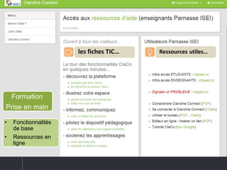 L’ACCOMPAGNEMENT
Mai – Juin 2014
Septembre 2014
D’octobre 2014 à …
Formation
Prise en main
• Fonctionnalités
de base
• Ressources en
ligne
 