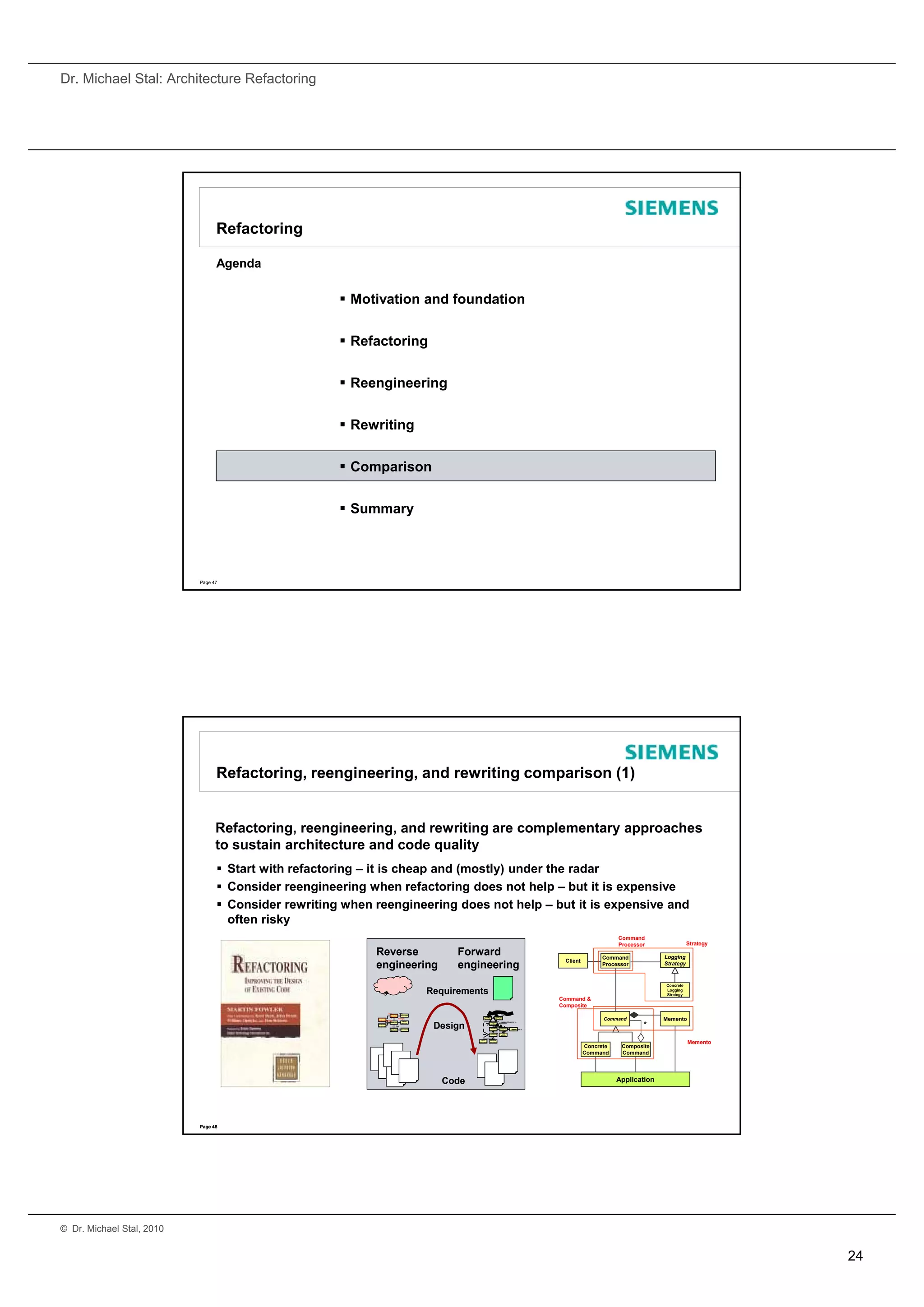 Dr. Michael Stal: Architecture Refactoring




                                 Refactoring

                                 Agenda

                                                      Motivation and foundation


                                                      Refactoring


                                                      Reengineering


                                                      Rewriting


                                                      Comparison


                                                      Summary




                           Page 47




                                 Refactoring, reengineering, and rewriting comparison (1)


                                 Refactoring, reengineering, and rewriting are complementary approaches
                                 to sustain architecture and code quality
                                  Start with refactoring – it is cheap and (mostly) under the radar
                                  Consider reengineering when refactoring does not help – but it is expensive
                                  Consider rewriting when reengineering does not help – but it is expensive and
                                   often risky
                                                                                                                                                                                           Command
                                                                                                                                                                                           Processor                Strategy
                                                           Reverse                                        Forward                                                                    Command             Logging
                                                                                                                                                                       Client
                                                           engineering                                    engineering                                                                Processor           Strategy


                                                                                                                                                                                                         Concrete
                                                                                                    Requirements
                                                                                                      q                                                                                                  Logging
                                                                                                                                                                                                         Strategy
                                                                                                                                                                      Command &
                                                                                                                                                                      Composite
                                                                        uses         uses
                                                                          Conference   Scheduler                                         The network
                                                                           Manager                                  Telegram      Telegram
                                                           Conference
                                                            Organizer
                                                                            *
                                                                    organizes
                                                                    participates
                                                                                    manages

                                                                           Conference uses
                                                                                          Media
                                                                                                                   Forwarder      Receiver
                                                                                                                   passes telegrams to    passes telegrams to
                                                                                                                                                                                      Command            Memento
                                                                                                     Design                                                                                        *
                                                                                         Manager                          Telegram
                                                           Conference                                                    Converter
                                                           Participant        *    has
                                                                                                                                                applies passes
                                                                           Conference *                                    Command       Logging
                                                                                        Documents                                                      Logger
                                                                                                                                                        commands to
                                                                             Session                                       Processor     Strategy
                                                                                                                              executes    Log
                                                                                                                           Command
                                                                                                                                         Alarms
                                                                                                                          creates

                                                                                                                Pick       SetPoint
                                                                                                              Workpiece   Calculation
                                                                                                                                                                                                                    Memento
                                                                                                                                                                                Concrete    Composite
                                                                                                                                                                                Command     Command




                                                                                                      Code                                                                                 Application




                           Page 48




© Dr. Michael Stal, 2010


                                                                                                                                                                                                                               24
 