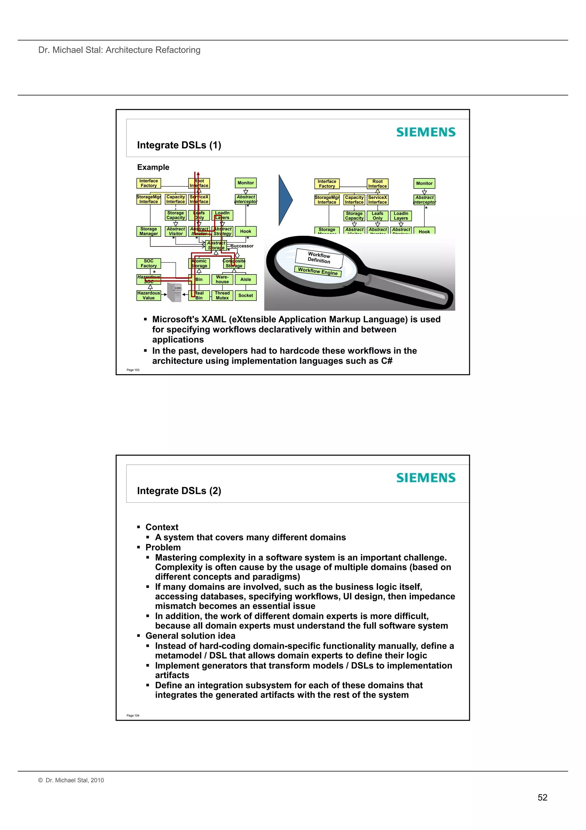 Dr. Michael Stal: Architecture Refactoring




                                 Integrate DSLs (1)

                                 Example
                                      Interface                 Root                    Monitor       Interface                 Root                    Monitor
                                       Factory                Interface                                Factory                Interface

                                 StorageMgr       Capacity    ServiceX                   Abstract    StorageMgr   Capacity    ServiceX                   Abstract
                                  Interface       Interface   Interface                Interceptor    Interface   Interface   Interface                Interceptor
                                                                                            *                                                               *
                                                  Storage      Leafs      LoadIn                                  Storage      Leafs       LoadIn
                                                  Capacity     Only       Layers                                  Capacity     Only        Layers

                                      Storage     Abstract    Abstract    Abstract                    Storage     Abstract    Abstract     Abstract
                                                                                         Hook                                                            Hook
                                      Manager      Visitor    Iterator    Strategy                    Manager      Visitor    Iterator     Strategy
                                                    *           *      Abstract
                                                                                            *                       *           *                           *
                                                                                                                                       Abstract
                                                                       Storage        Successor                                                       Successor
                                                                                                                                       Storage
                                                                                  *                                                               *
                                       SOC                    Atomic          Composite                 SOC                   Atomic           Composite
                                      Factory                 Storage          Storage                 Factory                Storage           Storage
                                       *
                                 Hazardous                                 Ware-
                                                                                                            *
                                                                Bin                      Aisle        Hazardous
                                        SOC                                house                                                Bin       Warehouse      Aisle
                                                                                                         SOC

                                 Hazardous                      Real      Thread                     Hazardous                  Real       Thread
                                                                                         Socket                                                          Socket
                                   Value                        Bin       Mutex                        Value                    Bin        Mutex




                                        Microsoft's XAML (eXtensible Application Markup Language) is used
                                         for specifying workflows declaratively within and between
                                         applications
                                        In the past, developers had to hardcode these workflows in the
                                         architecture using implementation languages such as C#
                           Page 103




                                 Integrate DSLs (2)


                                  Context
                                    A system that covers many different domains
                                  Problem
                                    Mastering complexity in a software system is an important challenge.
                                     Complexity is often cause by the usage of multiple domains (based on
                                     different concepts and paradigms)
                                    If many domains are involved, such as the business logic itself,
                                     accessing databases, specifying workflows, UI design, then impedance
                                     mismatch becomes an essential issue
                                    In addition, the work of different domain experts is more difficult,
                                     because all domain experts must understand the full software system
                                  General solution idea
                                    Instead of hard-coding domain-specific functionality manually, define a
                                     metamodel / DSL that allows domain experts to define their logic
                                    Implement generators that transform models / DSLs to implementation
                                     artifacts
                                    Define an integration subsystem for each of these domains that
                                     integrates the generated artifacts with the rest of the system

                           Page 104




© Dr. Michael Stal, 2010


                                                                                                                                                                     52
 