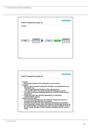 Dr. Michael Stal: Architecture Refactoring




                                 Insert Transparency Layer (1)

                                 Example




                                                   Subsystem B                                     Subsystem B
                                                                                    TRANSPARENCY
                                     Client                               Client        LAYER




                           Page 69




                                 Insert Transparency Layer (2)


                                  Context
                                    Decoupling clients or from subsystems and vice-versa
                                  P bl
                                   Problem
                                    When a client accesses subsystems directly, some dependencies are
                                     introduced, e.g.,
                                      On the exact physical location of the subsystems, or
                                      On specific data or document formats the subsystem expects
                                    The client must have knowledge about how to locate and access the
                                     subsystems
                                    Finally, the client also becomes dependent on subsystem
                                     implementation aspects
                                  General solution idea
                                    To avoid such dependencies, we introduce transparency layers to
                                     decouple these dependencies from clients
                                    Transparency layers also open additional optimization possibilities
                                    This is basically a whole class of architecture refactorings, because for
                                     the implementation of transparency layers we rely on patterns such as
                                     Proxy, Facade, Wrapper-Facade, Business Delegate, Service Locator,
                                     Proxy
                           Page 70




© Dr. Michael Stal, 2010


                                                                                                                 35
 