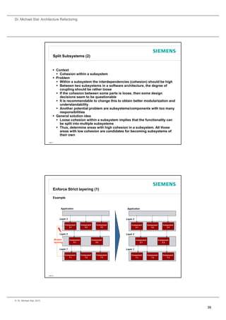 Dr. Michael Stal: Architecture Refactoring




                                 Split Subsystems (2)


                                  Context
                                    Cohesion within a subsystem
                                  Problem
                                    Within a subsystem the interdependencies (cohesion) should be high
                                    Between two subsystems in a software architecture, the degree of
                                     coupling should be rather loose
                                    If the cohesion between some parts is loose, then some design
                                     decisions seem to be questionable
                                    It is recommendable to change this to obtain better modularization and
                                     understandability
                                    Another potential problem are subsystems/components with too many
                                     responsibilities
                                  General solution idea
                                    Loose cohesion within a subsystem implies that the functionality can
                                     be split into multiple subsystems
                                    Thus, determine areas with high cohesion in a subsystem. All those
                                     areas with low cohesion are candidates for becoming subsystems of
                                     their own

                           Page 77




                                 Enforce Strict layering (1)

                                 Example


                                           Application
                                            pp                                               Application



                                          Layer 3                                           Layer 3

                                                Component       Component       Component       Component         Component       Component
                                                   3.1             3.2             3.3             3.1               3.2             3.3


                                          Layer 2                                           Layer 2

                                     Broken         Component               Component                 Component               Component
                                     layering          2.1                     2.2                       2.1                     2.2


                                          Layer 1                                           Layer 1

                                                Component       Component       Component       Component         Component       Component
                                                   1.1             1.2             1.3             1.1               1.2             1.3




                           Page 78




© Dr. Michael Stal, 2010


                                                                                                                                              39
 