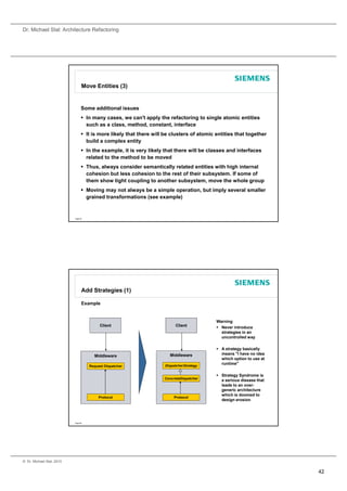 Dr. Michael Stal: Architecture Refactoring




                                 Move Entities (3)


                                 Some additional issues
                                  In many cases we can t apply the refactoring to single atomic entities
                                           cases,    can't
                                   such as a class, method, constant, interface
                                  It is more likely that there will be clusters of atomic entities that together
                                   build a complex entity
                                  In the example, it is very likely that there will be classes and interfaces
                                   related to the method to be moved
                                  Thus, always consider semantically related entities with high internal
                                             y                       y                        g
                                   cohesion but less cohesion to the rest of their subsystem. If some of
                                   them show tight coupling to another subsystem, move the whole group
                                  Moving may not always be a simple operation, but imply several smaller
                                   grained transformations (see example)


                           Page 83




                                 Add Strategies (1)

                                 Example


                                                                                           Warning
                                          Client                          Client            Never introduce
                                                                                             strategies in an
                                                                                             uncontrolled way

                                                                                            A strategy basically
                                                                       Middleware            means "I have no idea
                                       Middleware
                                                                                             which option to use at
                                                                     DispatcherStrategy
                                                                                             runtime"
                                     Request Dispatcher

                                                                                            St t
                                                                                             Strategy S d
                                                                                                      Syndrome isi
                                                                     ConcreteDispatcher
                                                                                             a serious disease that
                                                                                             leads to an over-
                                                                                             generic architecture
                                                                                             which is doomed to
                                          Protocol                        Protocol
                                                                                             design erosion




                           Page 84




© Dr. Michael Stal, 2010


                                                                                                                      42
 