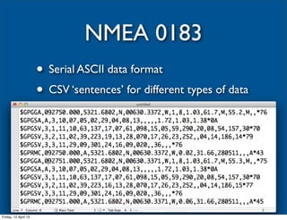 NMEA 0183
                      • Serial ASCII data format
                      • CSV ‘sentences’ for different types of data




Friday, 12 April 13
 