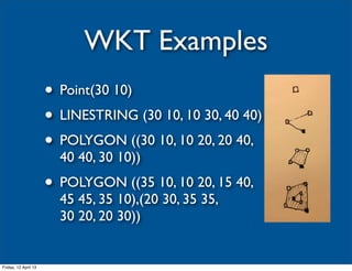 WKT Examples
                      • Point(30 10)
                      • LINESTRING (30 10, 10 30, 40 40)
                      • POLYGON ((30 10, 10 20, 20 40,
                        40 40, 30 10))
                      • POLYGON ((35 10, 10 20, 15 40,
                        45 45, 35 10),(20 30, 35 35,
                        30 20, 20 30))


Friday, 12 April 13
 