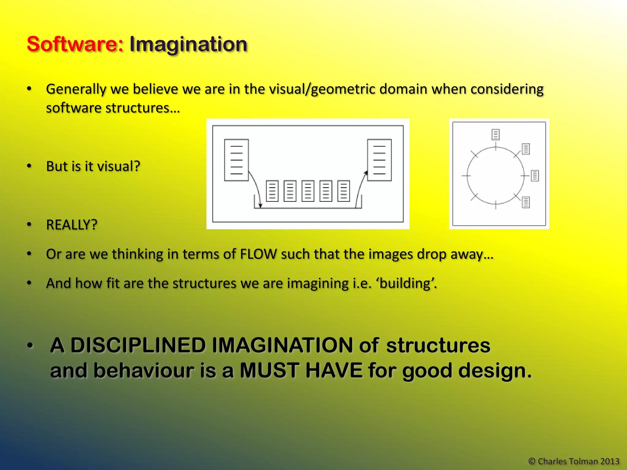 Software: Imagination

• Generally we believe we are in the visual/geometric domain when considering
  software structures…


• But is it visual?


• REALLY?
• Or are we thinking in terms of FLOW such that the images drop away…
• And how fit are the structures we are imagining i.e. ‘building’.



• A DISCIPLINED IMAGINATION of structures
  and behaviour is a MUST HAVE for good design.



                                                                          © Charles Tolman 2013
 