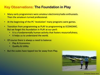 Key Observations: The Foundation in Play

• Many early programmers were amateur electronics/radio enthusiasts.
  Then the ...