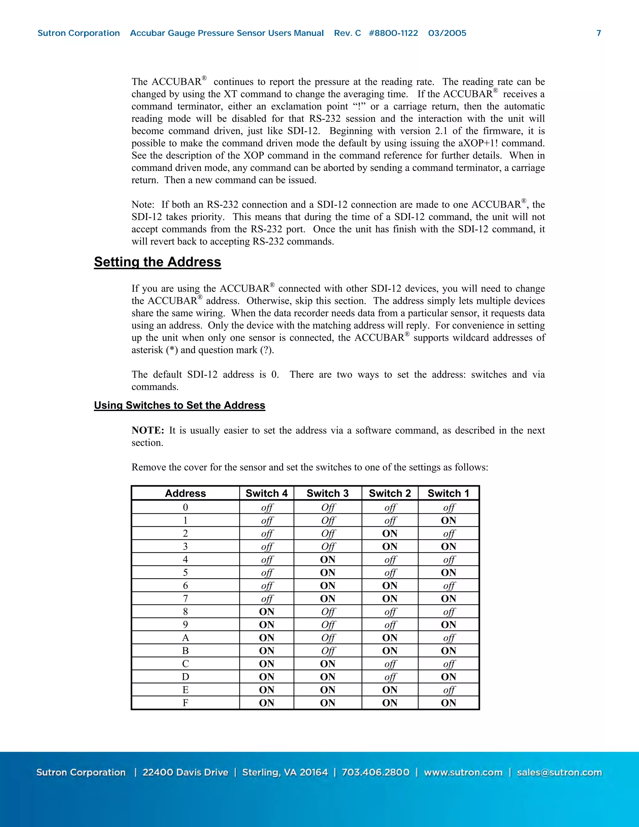 7
The ACCUBAR®
continues to report the pressure at the reading rate. The reading rate can be
changed by using the XT command to change the averaging time. If the ACCUBAR®
receives a
command terminator, either an exclamation point “!” or a carriage return, then the automatic
reading mode will be disabled for that RS-232 session and the interaction with the unit will
become command driven, just like SDI-12. Beginning with version 2.1 of the firmware, it is
possible to make the command driven mode the default by using issuing the aXOP+1! command.
See the description of the XOP command in the command reference for further details. When in
command driven mode, any command can be aborted by sending a command terminator, a carriage
return. Then a new command can be issued.
Note: If both an RS-232 connection and a SDI-12 connection are made to one ACCUBAR®
, the
SDI-12 takes priority. This means that during the time of a SDI-12 command, the unit will not
accept commands from the RS-232 port. Once the unit has finish with the SDI-12 command, it
will revert back to accepting RS-232 commands.
Setting the Address
If you are using the ACCUBAR®
connected with other SDI-12 devices, you will need to change
the ACCUBAR®
address. Otherwise, skip this section. The address simply lets multiple devices
share the same wiring. When the data recorder needs data from a particular sensor, it requests data
using an address. Only the device with the matching address will reply. For convenience in setting
up the unit when only one sensor is connected, the ACCUBAR®
supports wildcard addresses of
asterisk (*) and question mark (?).
The default SDI-12 address is 0. There are two ways to set the address: switches and via
commands.
Using Switches to Set the Address
NOTE: It is usually easier to set the address via a software command, as described in the next
section.
Remove the cover for the sensor and set the switches to one of the settings as follows:
Address Switch 4 Switch 3 Switch 2 Switch 1
0 off Off off off
1 off Off off ON
2 off Off ON off
3 off Off ON ON
4 off ON off off
5 off ON off ON
6 off ON ON off
7 off ON ON ON
8 ON Off off off
9 ON Off off ON
A ON Off ON off
B ON Off ON ON
C ON ON off off
D ON ON off ON
E ON ON ON off
F ON ON ON ON
Sutron Corporation Accubar Gauge Pressure Sensor Users Manual Rev. C #8800-1122 03/2005 7
 
