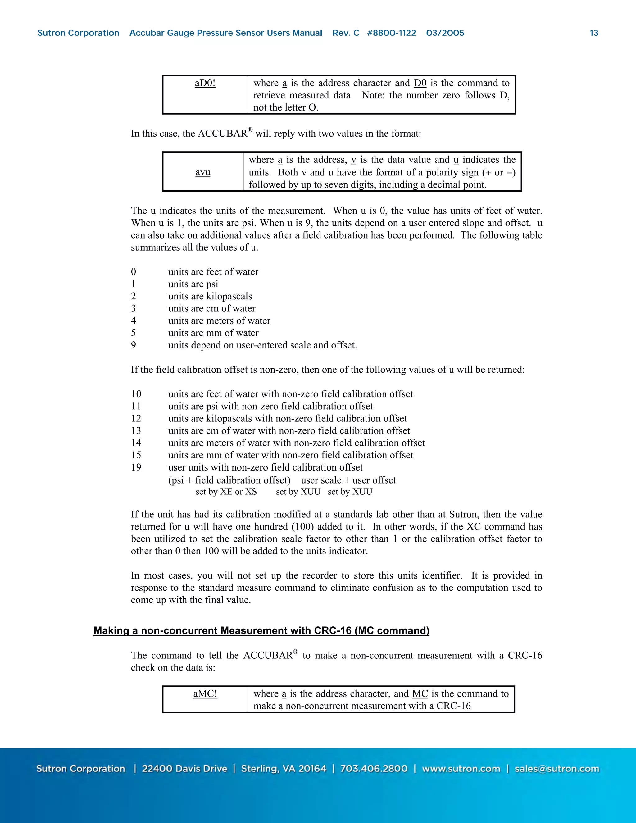 13
aD0! where a is the address character and D0 is the command to
retrieve measured data. Note: the number zero follows D,
not the letter O.
In this case, the ACCUBAR®
will reply with two values in the format:
avu
where a is the address, v is the data value and u indicates the
units. Both v and u have the format of a polarity sign (+ or −)
followed by up to seven digits, including a decimal point.
The u indicates the units of the measurement. When u is 0, the value has units of feet of water.
When u is 1, the units are psi. When u is 9, the units depend on a user entered slope and offset. u
can also take on additional values after a field calibration has been performed. The following table
summarizes all the values of u.
0 units are feet of water
1 units are psi
2 units are kilopascals
3 units are cm of water
4 units are meters of water
5 units are mm of water
9 units depend on user-entered scale and offset.
If the field calibration offset is non-zero, then one of the following values of u will be returned:
10 units are feet of water with non-zero field calibration offset
11 units are psi with non-zero field calibration offset
12 units are kilopascals with non-zero field calibration offset
13 units are cm of water with non-zero field calibration offset
14 units are meters of water with non-zero field calibration offset
15 units are mm of water with non-zero field calibration offset
19 user units with non-zero field calibration offset
(psi + field calibration offset) ∗ user scale + user offset
set by XE or XS set by XUU set by XUU
If the unit has had its calibration modified at a standards lab other than at Sutron, then the value
returned for u will have one hundred (100) added to it. In other words, if the XC command has
been utilized to set the calibration scale factor to other than 1 or the calibration offset factor to
other than 0 then 100 will be added to the units indicator.
In most cases, you will not set up the recorder to store this units identifier. It is provided in
response to the standard measure command to eliminate confusion as to the computation used to
come up with the final value.
Making a non-concurrent Measurement with CRC-16 (MC command)
The command to tell the ACCUBAR®
to make a non-concurrent measurement with a CRC-16
check on the data is:
aMC! where a is the address character, and MC is the command to
make a non-concurrent measurement with a CRC-16
Sutron Corporation Accubar Gauge Pressure Sensor Users Manual Rev. C #8800-1122 03/2005 13
 