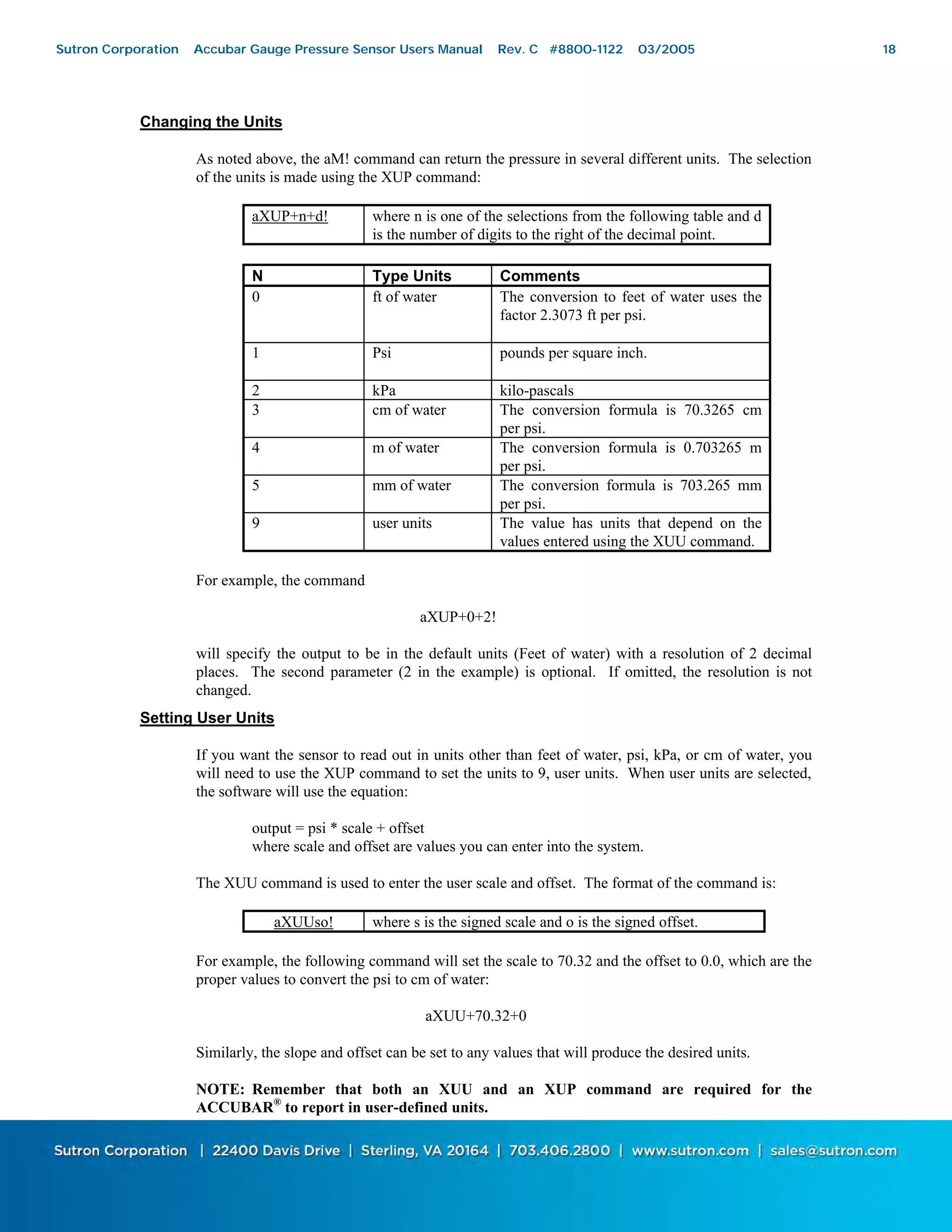 18
Changing the Units
As noted above, the aM! command can return the pressure in several different units. The selection
of the units is made using the XUP command:
aXUP+n+d! where n is one of the selections from the following table and d
is the number of digits to the right of the decimal point.
N Type Units Comments
0 ft of water The conversion to feet of water uses the
factor 2.3073 ft per psi.
1 Psi pounds per square inch.
2 kPa kilo-pascals
3 cm of water The conversion formula is 70.3265 cm
per psi.
4 m of water The conversion formula is 0.703265 m
per psi.
5 mm of water The conversion formula is 703.265 mm
per psi.
9 user units The value has units that depend on the
values entered using the XUU command.
For example, the command
aXUP+0+2!
will specify the output to be in the default units (Feet of water) with a resolution of 2 decimal
places. The second parameter (2 in the example) is optional. If omitted, the resolution is not
changed.
Setting User Units
If you want the sensor to read out in units other than feet of water, psi, kPa, or cm of water, you
will need to use the XUP command to set the units to 9, user units. When user units are selected,
the software will use the equation:
output = psi * scale + offset
where scale and offset are values you can enter into the system.
The XUU command is used to enter the user scale and offset. The format of the command is:
aXUUso! where s is the signed scale and o is the signed offset.
For example, the following command will set the scale to 70.32 and the offset to 0.0, which are the
proper values to convert the psi to cm of water:
aXUU+70.32+0
Similarly, the slope and offset can be set to any values that will produce the desired units.
NOTE: Remember that both an XUU and an XUP command are required for the
ACCUBAR®
to report in user-defined units.
Sutron Corporation Accubar Gauge Pressure Sensor Users Manual Rev. C #8800-1122 03/2005 18
 