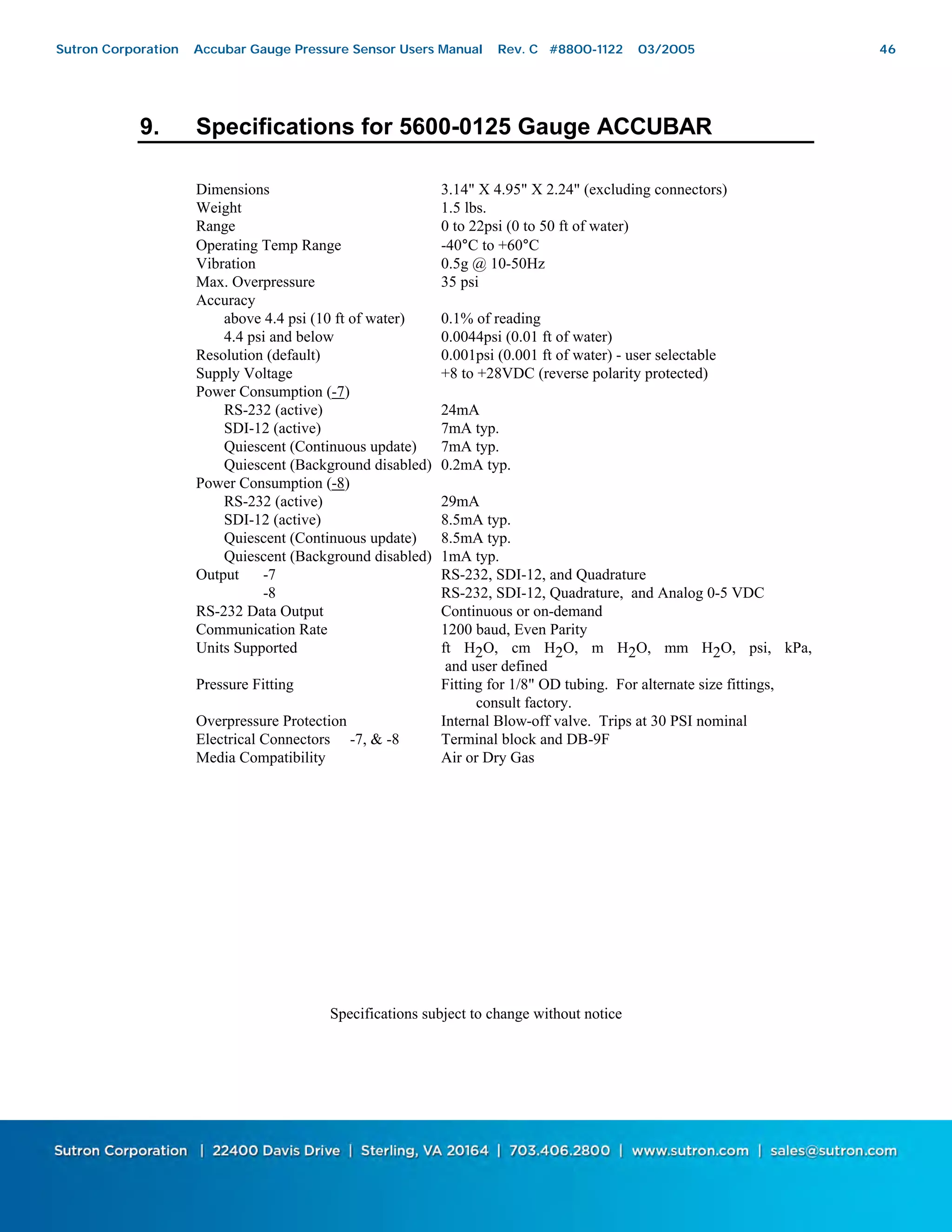 46
9. Specifications for 5600-0125 Gauge ACCUBAR
Dimensions 3.14" X 4.95" X 2.24" (excluding connectors)
Weight 1.5 lbs.
Range 0 to 22psi (0 to 50 ft of water)
Operating Temp Range -40°C to +60°C
Vibration 0.5g @ 10-50Hz
Max. Overpressure 35 psi
Accuracy
above 4.4 psi (10 ft of water) 0.1% of reading
4.4 psi and below 0.0044psi (0.01 ft of water)
Resolution (default) 0.001psi (0.001 ft of water) - user selectable
Supply Voltage +8 to +28VDC (reverse polarity protected)
Power Consumption (-7)
RS-232 (active) 24mA
SDI-12 (active) 7mA typ.
Quiescent (Continuous update) 7mA typ.
Quiescent (Background disabled) 0.2mA typ.
Power Consumption (-8)
RS-232 (active) 29mA
SDI-12 (active) 8.5mA typ.
Quiescent (Continuous update) 8.5mA typ.
Quiescent (Background disabled) 1mA typ.
Output -7 RS-232, SDI-12, and Quadrature
-8 RS-232, SDI-12, Quadrature, and Analog 0-5 VDC
RS-232 Data Output Continuous or on-demand
Communication Rate 1200 baud, Even Parity
Units Supported ft H2O, cm H2O, m H2O, mm H2O, psi, kPa,
and user defined
Pressure Fitting Fitting for 1/8" OD tubing. For alternate size fittings,
consult factory.
Overpressure Protection Internal Blow-off valve. Trips at 30 PSI nominal
Electrical Connectors -7, & -8 Terminal block and DB-9F
Media Compatibility Air or Dry Gas
Specifications subject to change without notice
Sutron Corporation Accubar Gauge Pressure Sensor Users Manual Rev. C #8800-1122 03/2005 46
 