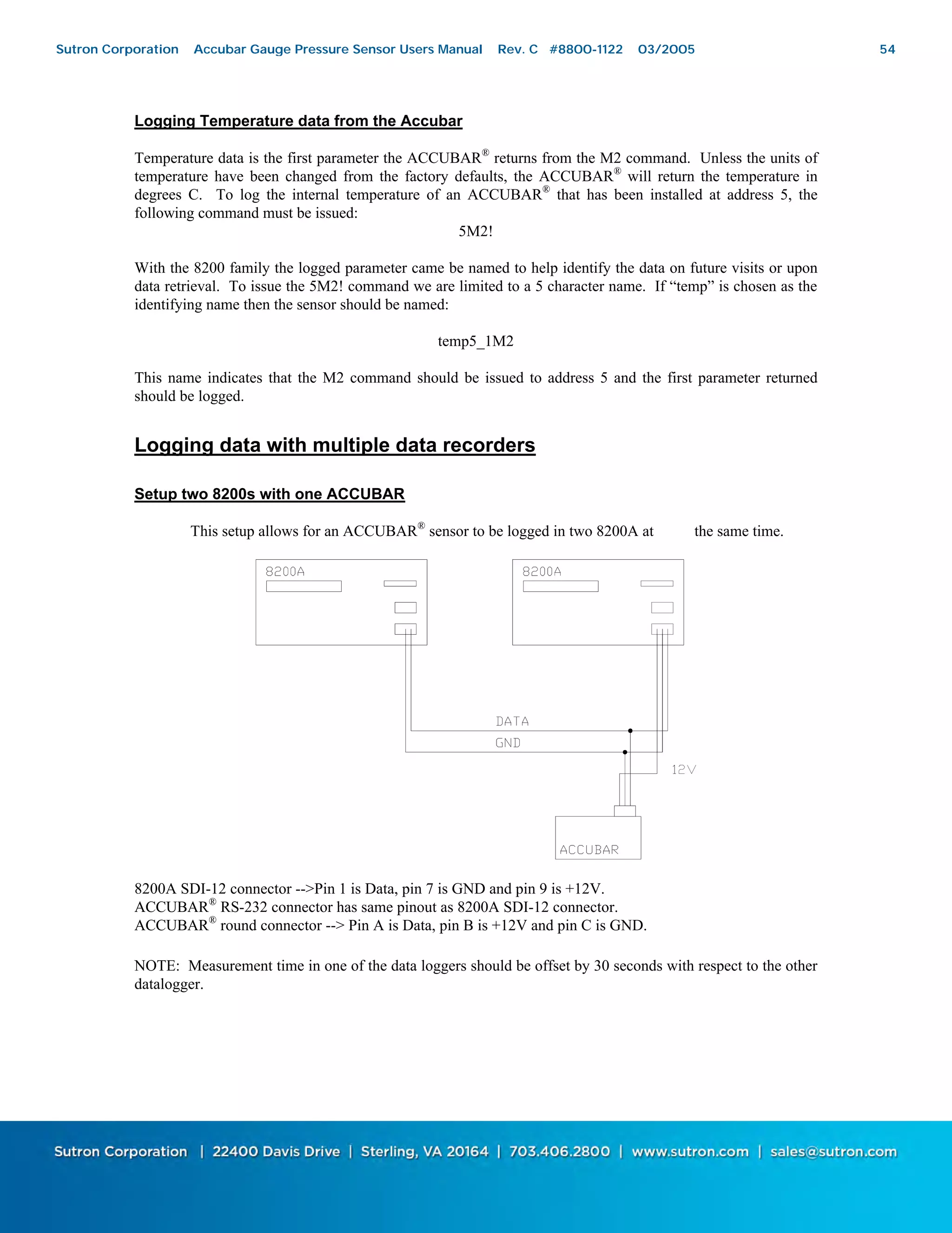 54
Logging Temperature data from the Accubar
Temperature data is the first parameter the ACCUBAR®
returns from the M2 command. Unless the units of
temperature have been changed from the factory defaults, the ACCUBAR®
will return the temperature in
degrees C. To log the internal temperature of an ACCUBAR®
that has been installed at address 5, the
following command must be issued:
5M2!
With the 8200 family the logged parameter came be named to help identify the data on future visits or upon
data retrieval. To issue the 5M2! command we are limited to a 5 character name. If “temp” is chosen as the
identifying name then the sensor should be named:
temp5_1M2
This name indicates that the M2 command should be issued to address 5 and the first parameter returned
should be logged.
Logging data with multiple data recorders
Setup two 8200s with one ACCUBAR
This setup allows for an ACCUBAR®
sensor to be logged in two 8200A at the same time.
8200A SDI-12 connector -->Pin 1 is Data, pin 7 is GND and pin 9 is +12V.
ACCUBAR®
RS-232 connector has same pinout as 8200A SDI-12 connector.
ACCUBAR®
round connector --> Pin A is Data, pin B is +12V and pin C is GND.
NOTE: Measurement time in one of the data loggers should be offset by 30 seconds with respect to the other
datalogger.
Sutron Corporation Accubar Gauge Pressure Sensor Users Manual Rev. C #8800-1122 03/2005 54
 