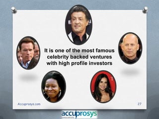 It is one of the most famous
celebrity backed ventures
with high profile investors

Accuprosys.com

27

 