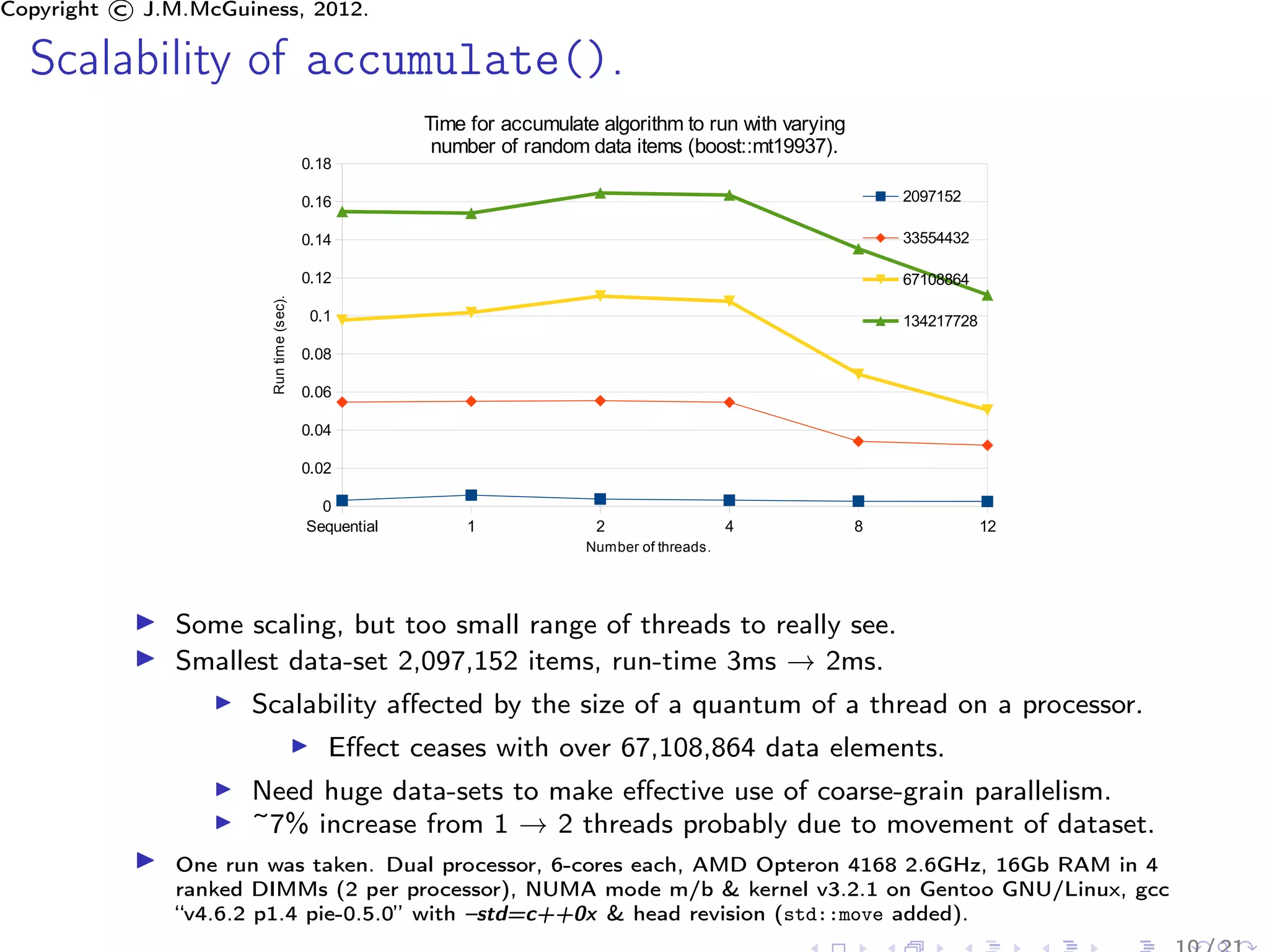 Copyright © J.M.McGuiness, 2012.

  Scalability of accumulate().
                                                      Time for accumulate algorithm to run with varying
                                                       number of random data items (boost::mt19937).
                                         0.18

                                         0.16                                                                 2097152

                                         0.14                                                                 33554432

                       Run time (sec).   0.12                                                                 67108864

                                          0.1                                                                 134217728

                                         0.08

                                         0.06

                                         0.04

                                         0.02

                                           0
                                         Sequential       1               2                  4            8               12
                                                                        Number of threads.




               Some scaling, but too small range of threads to really see.
               Smallest data-set 2,097,152 items, run-time 3ms → 2ms.
                     Scalability aﬀected by the size of a quantum of a thread on a processor.
                                            Eﬀect ceases with over 67,108,864 data elements.
                     Need huge data-sets to make eﬀective use of coarse-grain parallelism.
                     ~7% increase from 1 → 2 threads probably due to movement of dataset.
               One run was taken. Dual processor, 6-cores each, AMD Opteron 4168 2.6GHz, 16Gb RAM in 4
               ranked DIMMs (2 per processor), NUMA mode m/b & kernel v3.2.1 on Gentoo GNU/Linux, gcc
               “v4.6.2 p1.4 pie-0.5.0” with –std=c++0x & head revision (std::move added).
 