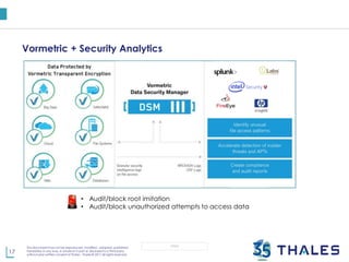 17
This document may not be reproduced, modified , adapted, published,
translated, in any way, in whole or in part or disclosed to a third party
without prior written consent of Thales - Thales © 2017 All rights reserved.
OPEN
Vormetric + Security Analytics
• Audit/block root imitation
• Audit/block unauthorized attempts to access data
 
