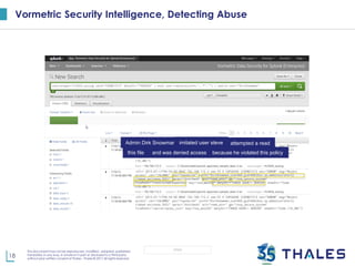 18
This document may not be reproduced, modified , adapted, published,
translated, in any way, in whole or in part or disclosed to a third party
without prior written consent of Thales - Thales © 2017 All rights reserved.
OPEN
attempted a read
and was denied access
Admin Dirk Snowman imitated user steve
this file because he violated this policy
Vormetric Security Intelligence, Detecting Abuse
 