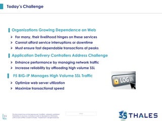 21
This document may not be reproduced, modified , adapted, published,
translated, in any way, in whole or in part or disclosed to a third party
without prior written consent of Thales - Thales © 2017 All rights reserved.
OPEN
Today’s Challenge
▌ Organizations Growing Dependence on Web
For many, their livelihood hinges on these services
Cannot afford service interruptions or downtime
Must ensure fast dependable transactions at peaks
▌ Application Delivery Controllers Address Challenge
Enhance performance by managing network traffic
Increase reliability by offloading high volume SSL
▌ F5 BIG-IP Manages High Volume SSL Traffic
Optimize web server utilization
Maximize transactional speed
 