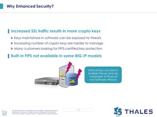 22
This document may not be reproduced, modified , adapted, published,
translated, in any way, in whole or in part or disclosed to a third party
without prior written consent of Thales - Thales © 2017 All rights reserved.
OPEN
Why Enhanced Security?
▌ Increased SSL traffic results in more crypto keys
Keys maintained in software can be exposed to threats
Increasing number of crypto keys are harder to manage
Many customers looking for FIPS-certified key protection
▌ Built-in FIPS not available in some BIG-IP models
Critical Keys can Exist in
Multiple Places and are
Vulnerable to Physical
and Software Attacks
 