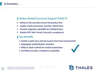28
This document may not be reproduced, modified , adapted, published,
translated, in any way, in whole or in part or disclosed to a third party
without prior written consent of Thales - Thales © 2017 All rights reserved.
OPEN
In Summary…
▌ Thales nShield Connects Support F5 BIG-IP
Enhance SSL security across the product line
Isolate crypto processes and the critical keys
Provide upgrade capability for installed base
Enable FIPS 140-2 Level 3 security compliance
▌ Key Benefits
Isolate crypto keys and processes from host environment
Segregate administration domains
Enforce dual controls for mutual supervision
Facilitate security compliance reporting
 