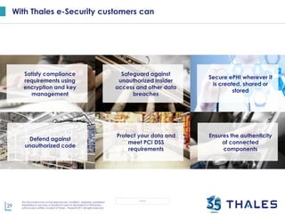 29
This document may not be reproduced, modified , adapted, published,
translated, in any way, in whole or in part or disclosed to a third party
without prior written consent of Thales - Thales © 2017 All rights reserved.
OPEN
With Thales e-Security customers can
Satisfy compliance
requirements using
encryption and key
management
Safeguard against
unauthorized insider
access and other data
breaches
Secure ePHI wherever it
is created, shared or
stored
Defend against
unauthorized code
Protect your data and
meet PCI DSS
requirements
Ensures the authenticity
of connected
components
 