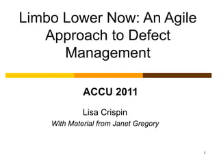 Limbo Lower Now: An Agile
   Approach to Defect
      Management

             ACCU 2011
             Lisa Crispin
    With Material from Janet Gregory


                                       1
 