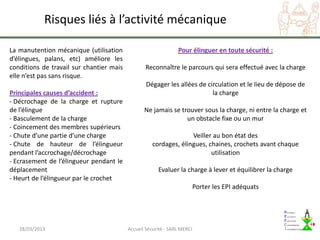 Risques liés à l’activité mécanique

La manutention mécanique (utilisation                           Pour élinguer en toute sécurité :
d’élingues, palans, etc) améliore les
conditions de travail sur chantier mais          Reconnaître le parcours qui sera effectué avec la charge
elle n’est pas sans risque.
                                                  Dégager les allées de circulation et le lieu de dépose de
Principales causes d’accident :                                           la charge
- Décrochage de la charge et rupture
de l’élingue                                     Ne jamais se trouver sous la charge, ni entre la charge et
- Basculement de la charge                                      un obstacle fixe ou un mur
- Coincement des membres supérieurs
- Chute d’une partie d’une charge                                  Veiller au bon état des
- Chute de hauteur de l’élingueur                    cordages, élingues, chaines, crochets avant chaque
pendant l’accrochage/décrochage                                           utilisation
- Ecrasement de l’élingueur pendant le
déplacement                                            Evaluer la charge à lever et équilibrer la charge
- Heurt de l’élingueur par le crochet
                                                                          Porter les EPI adéquats




   28/03/2013                             Accueil Sécurité - SARL MERCI
 