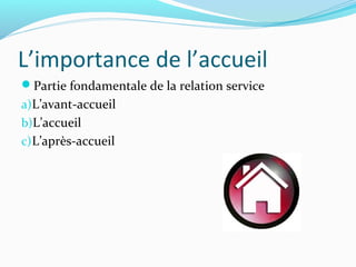 L’importance de l’accueil
Partie fondamentale de la relation service
a)L’avant-accueil
b)L’accueil
c)L’après-accueil
 