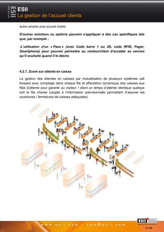 ESII
La gestion de l’accueil clients

Autre variante avec accueil mobile

D’autres solutions ou options peuvent s’appliquer à des cas spécifiques tels
que, par exemple :

-L’utilisation d’un « Pass » (avec Code barre 1 ou 2D, code RFID, Pager,
Smartphone) pour pouvoir permettre au visiteur/client d’accéder au service
qu’il souhaite quand il le désire.



4.2.7. Zoom sur attente en caisse

La gestion des attentes en caisses par mutualisation de plusieurs systèmes call
forward avec comptage dans chaque file et affectation dynamique des caisses aux
files d’attente pour garantir au visiteur / client un temps d’attente identique quelque
soit la file choisie (couplé à l’information prévisionnelle permettant d’assurer les
ouvertures / fermetures de caisses adéquates).




       2121                                                                 Page 21/36

                                                                                          21/36
 