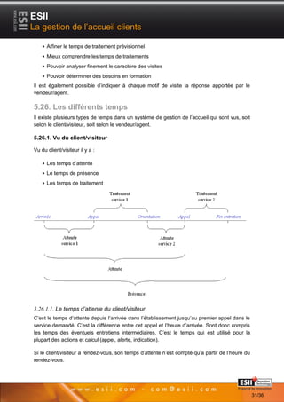 ESII
La gestion de l’accueil clients

      Affiner le temps de traitement prévisionnel
      Mieux comprendre les temps de traitements
      Pouvoir analyser finement le caractère des visites
      Pouvoir déterminer des besoins en formation
Il est également possible d’indiquer à chaque motif de visite la réponse apportée par le
vendeur/agent.

5.26. Les différents temps
Il existe plusieurs types de temps dans un système de gestion de l’accueil qui sont vus, soit
selon le client/visiteur, soit selon le vendeur/agent.

5.26.1. Vu du client/visiteur

Vu du client/visiteur il y a :

      Les temps d’attente
      Le temps de présence
      Les temps de traitement




5.26.1.1. Le temps d’attente du client/visiteur
C’est le temps d’attente depuis l’arrivée dans l’établissement jusqu’au premier appel dans le
service demandé. C’est la différence entre cet appel et l’heure d’arrivée. Sont donc compris
les temps des éventuels entretiens intermédiaires. C’est le temps qui est utilisé pour la
plupart des actions et calcul (appel, alerte, indication).

Si le client/visiteur a rendez-vous, son temps d’attente n’est compté qu’a partir de l’heure du
rendez-vous.



        3131                                                                       Page 31/36

                                                                                                  31/36
 